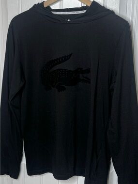 Lacoste Black Tonal Big Croc Embossed Hooded Lounge Top Modal Blend Medium